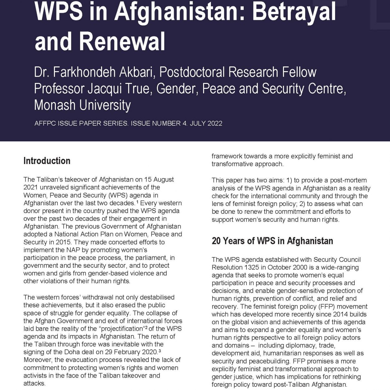 Cover page of the AFFPC issues paper document