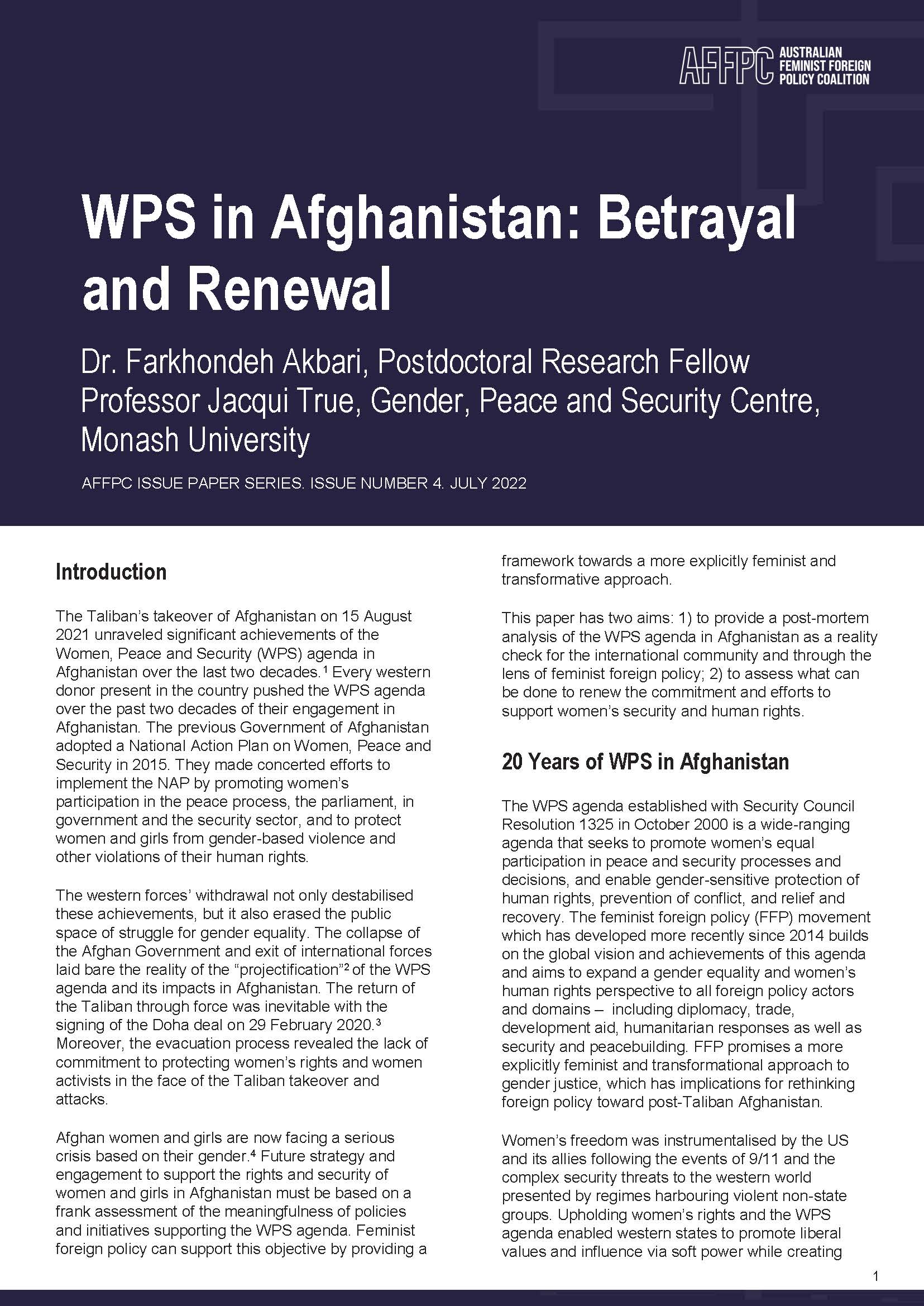Cover page of the AFFPC issues paper document