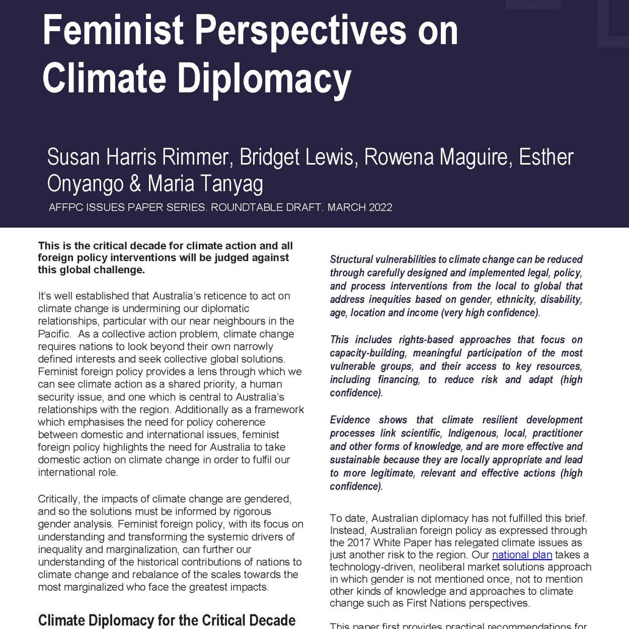 Cover page of the AFFPC issues paper document
