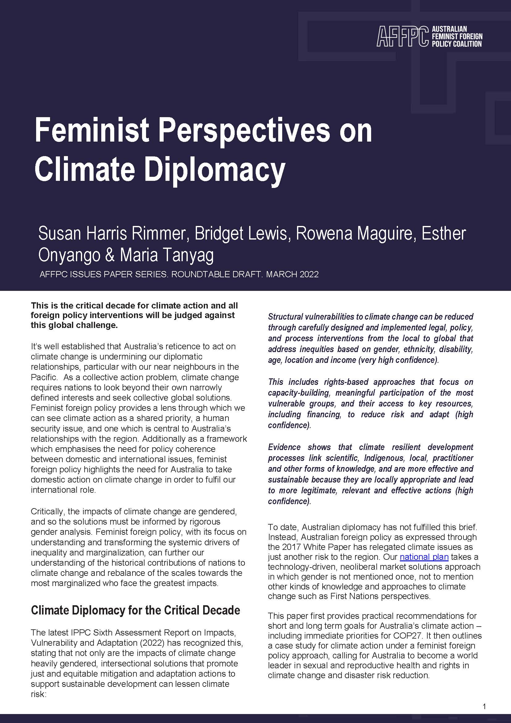 Cover page of the AFFPC issues paper document