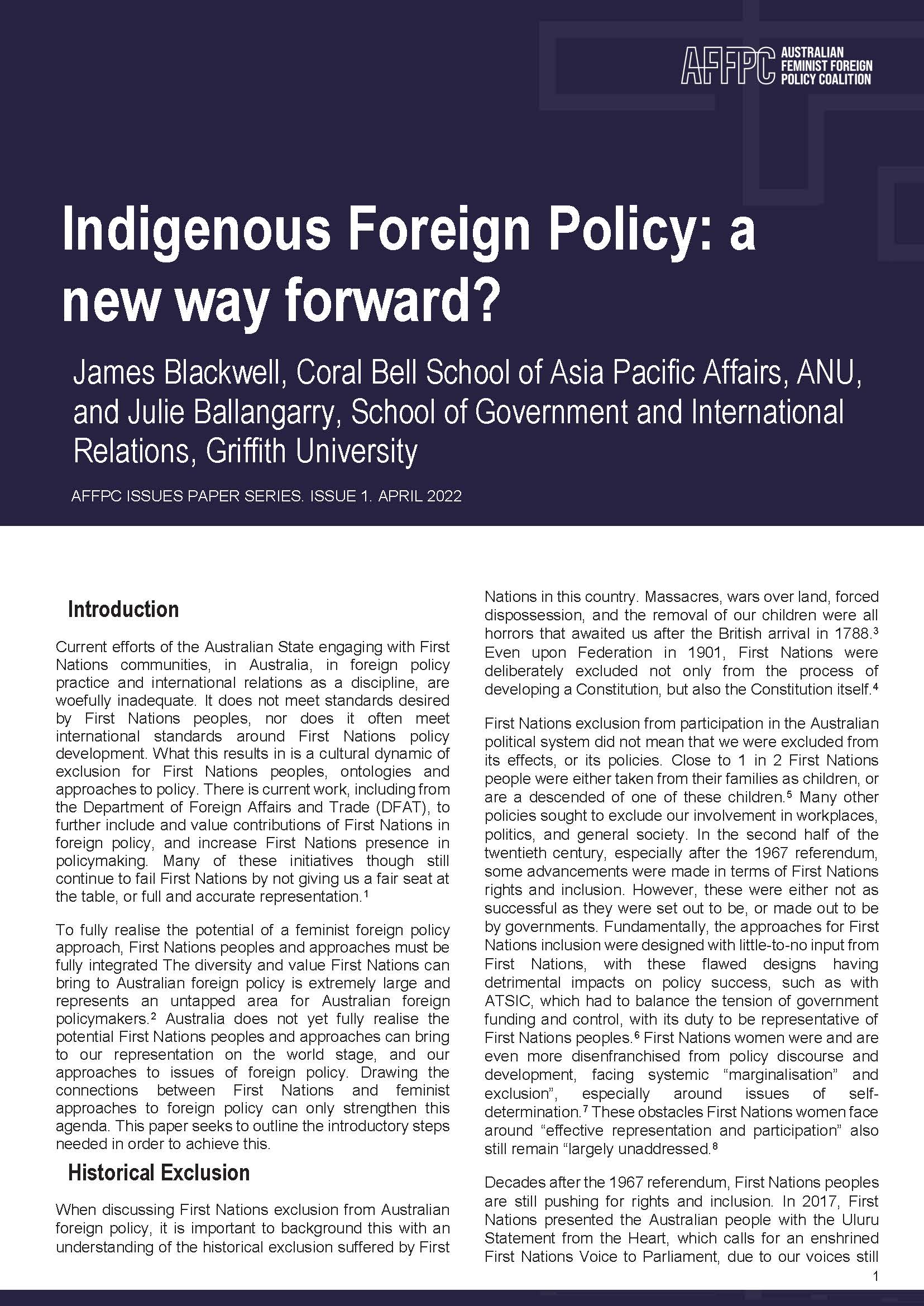 Cover of the AFFPC Issues Paper document