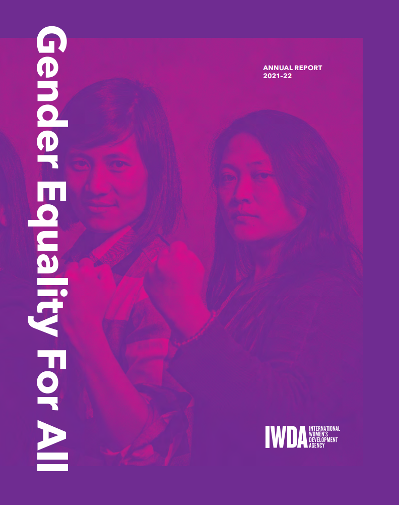 The header at the top of the page is white text on a purple background reading: Annual Report 2020-2021, alongside the IWDA's logo also in white text. Below the header is an image fills the rest of the page. It depicts women speaking into a megaphone at a rally in Myanmar.