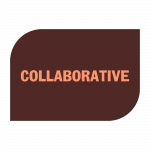 Collaborative apricot text on cocoa coloured shape