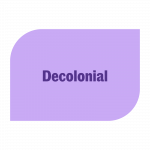 Decolonial dark purple text on light purple shape