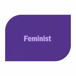 Feminist light purple text on dark purple shape