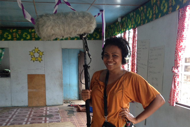 Flow Documentary Paulini Turagabeci, an alumni of the Emerging Female Leader Program, assisting filmmakers. Photo: Bronwyn Tilbury