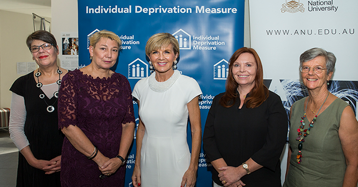 IDM julie bishop Jo Crawford (IWDA), Jo Hayter (IWDA CEO), Hon Julie Bishop MP, Dr Sharon Bessell (ANU), Dr Janet Hunt (ANU)