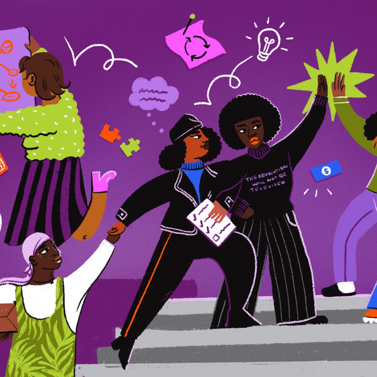 Vibrant illustration of people at a workshop and giving hi fives