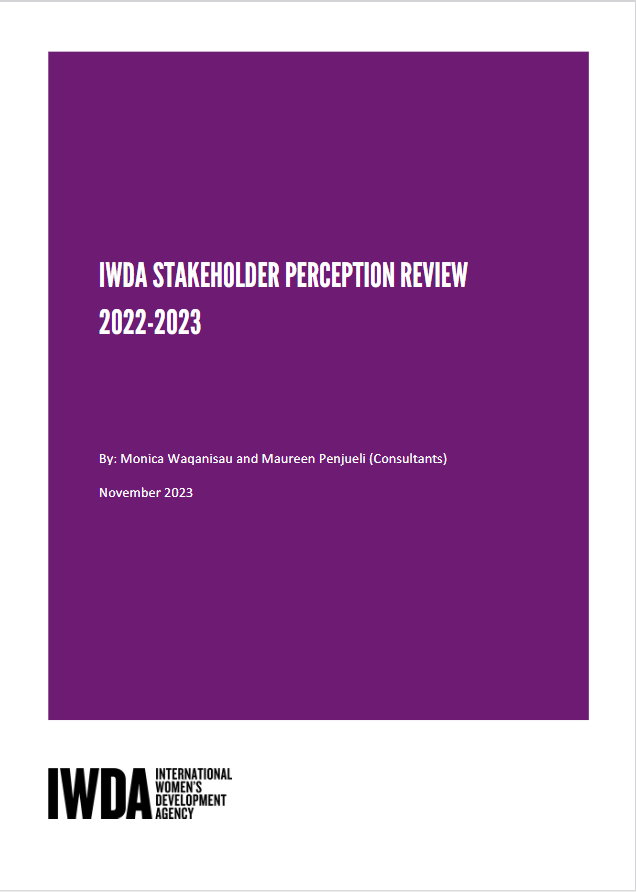 report cover: IWDA STAKEHOLDER PERCEPTION REVIEW 2022 2023 By Monica Waqanisau and Maureen Penjueli Consultants November 2023 IWDA logo in bottom left corner