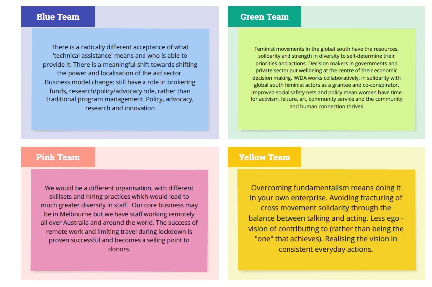Four coloured post-its with text from a workshop session