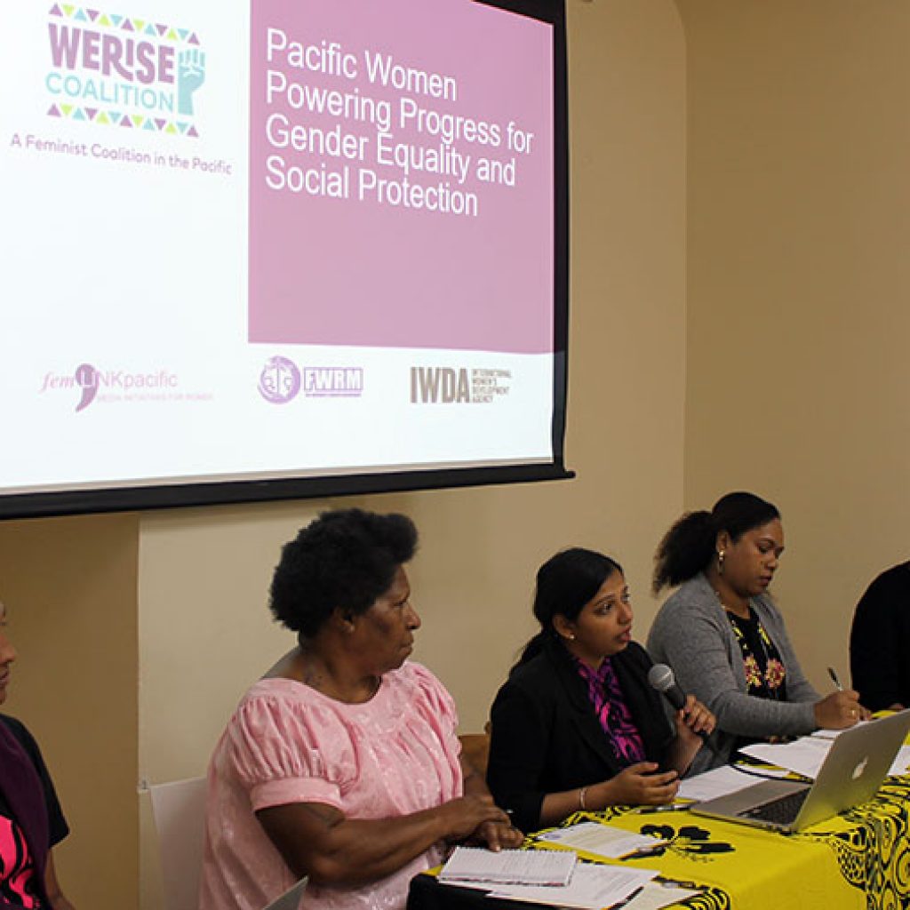 Members of the We Rise coalition speak on a panel..