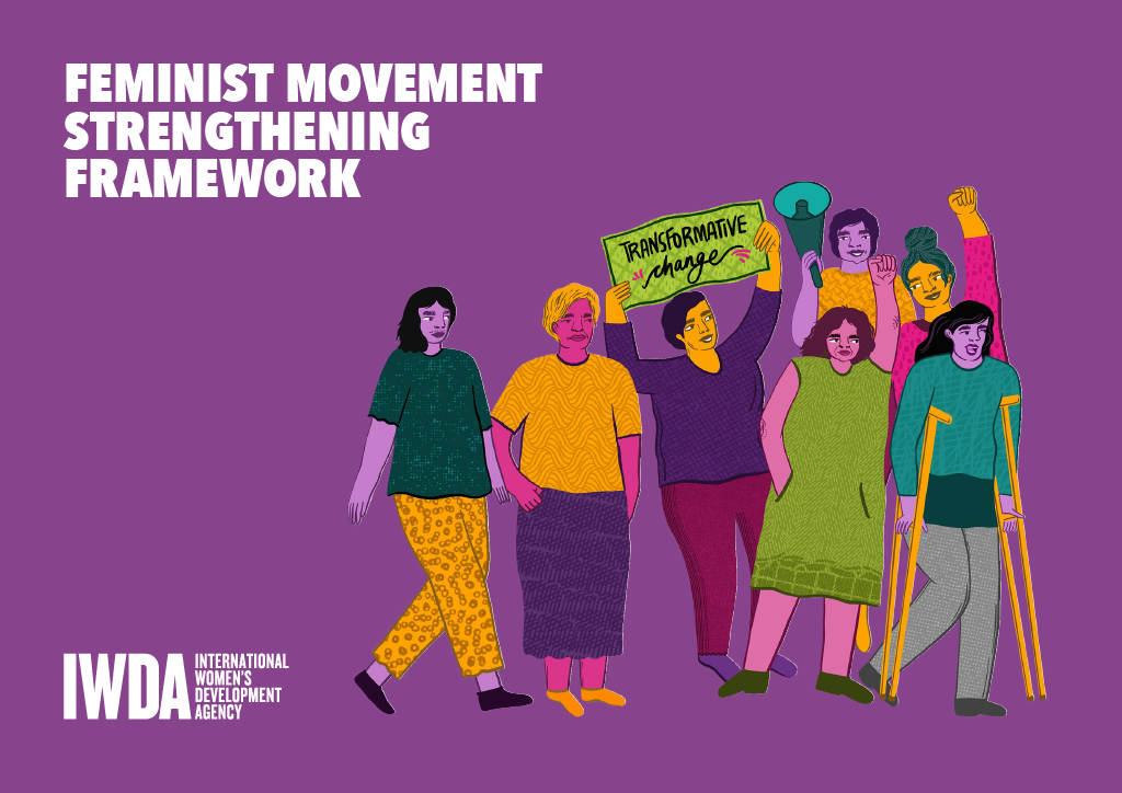 purple background and illustration of feminist activists walking together