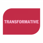 Transformative light pink text on dark pink shape