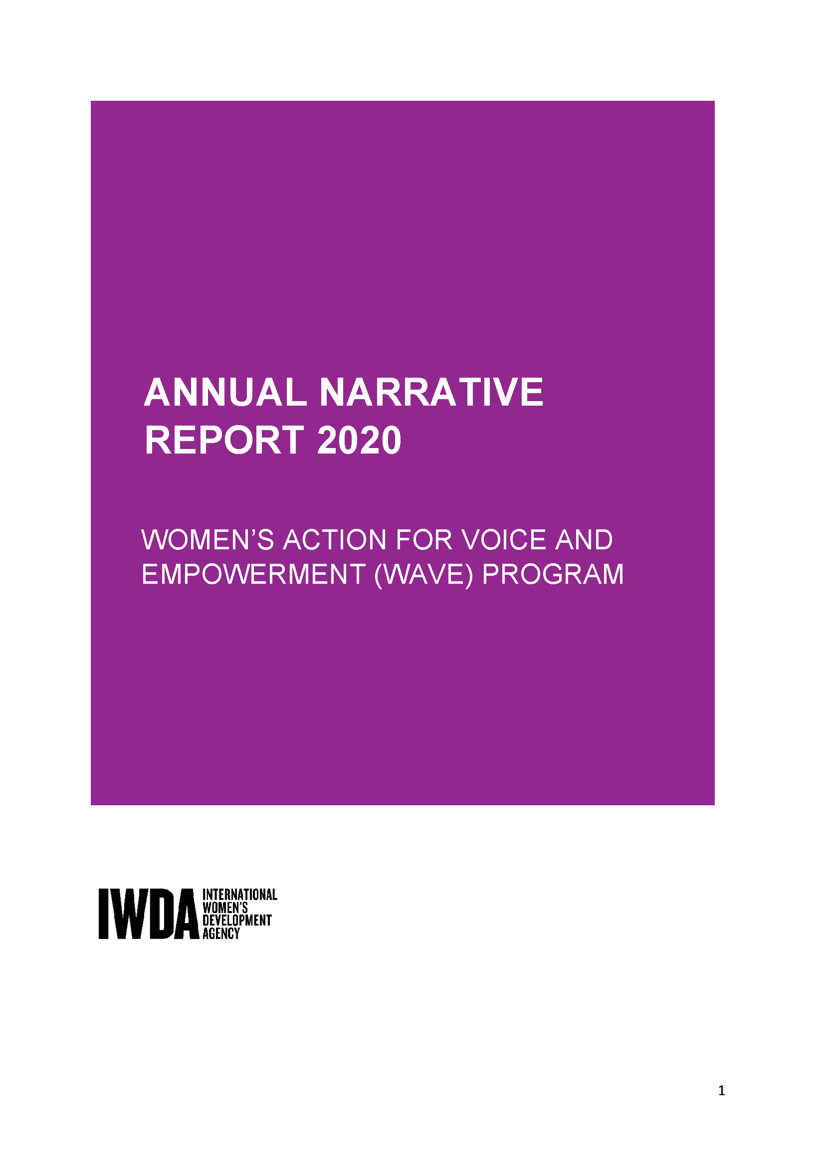 Purple background with white text heading that says 'Annual Narrative Report 2020'