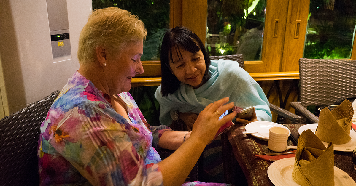 Ann Sudmalis sharing a meal with Chris Htun. Photo: Shwe Wutt Hmon