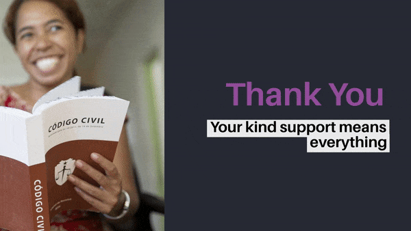 A woman holds a legal book 'Codigo Civil' in Timor-Leste. Text says Thank You. Your kind support means everything'