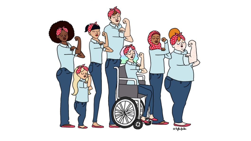 Illustration of 7 women in the Rosie the Riveter pose. Each woman is a different size, colour, religion and one is in a wheelchair.