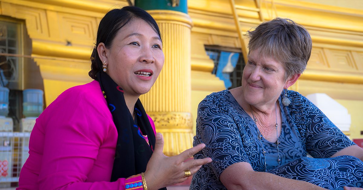 Nan Htwe Thu and Penny Wright at Uppatasanti Pagoda. Photo: Shwe Wutt Hmon