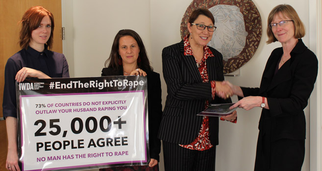 Joanna Hayter hands over the #EndTheRightToRape petition to Gillian Bird Joanna Hayter hands over the #EndTheRightToRape petition to Gillian Bird