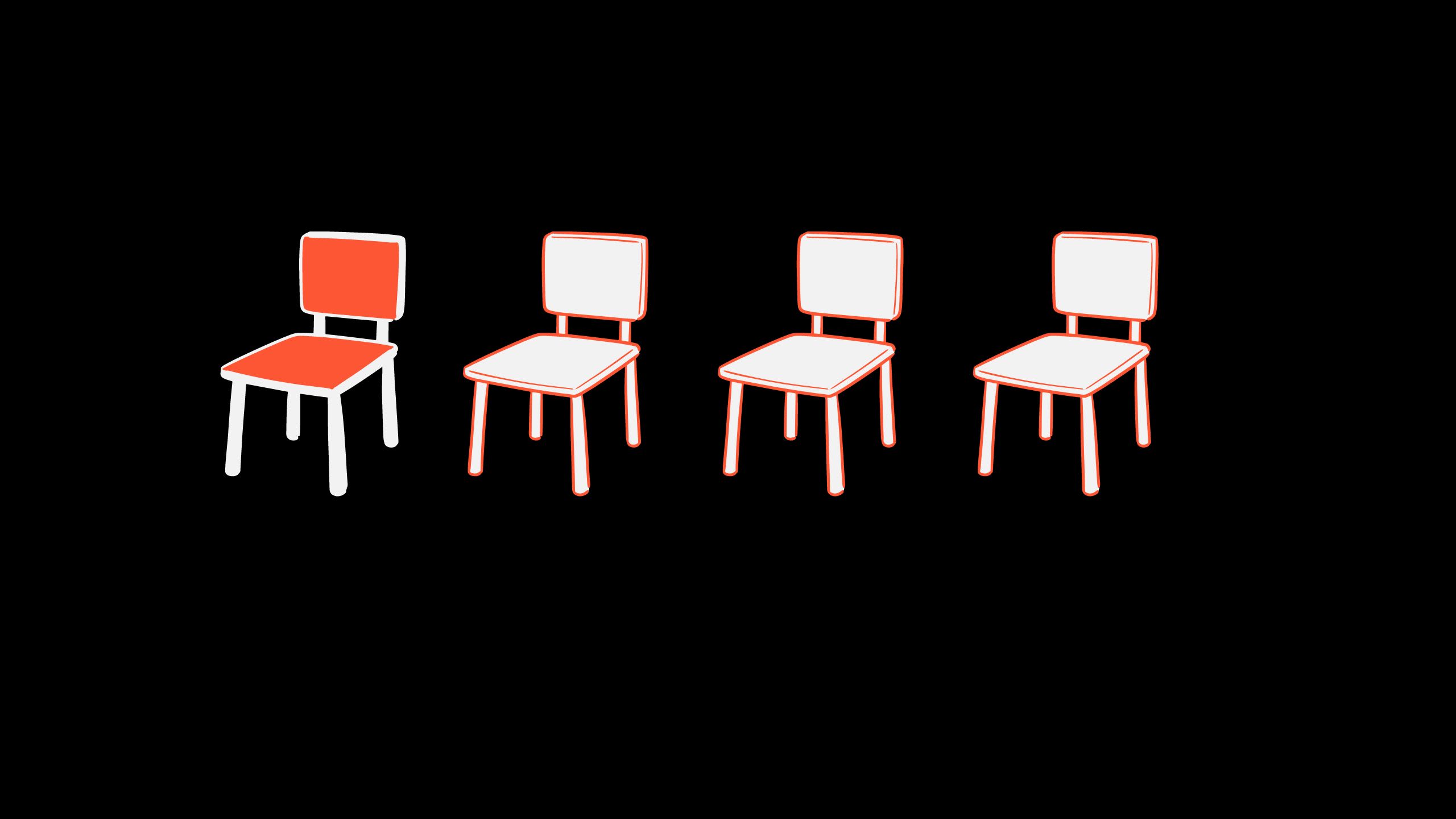 Four orange and grey chairs representing one if four women who hold seats in parliament globally. 