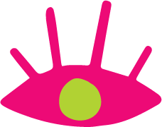 A pink eye with a green pupil. It has four long eyelashes sticking up. 