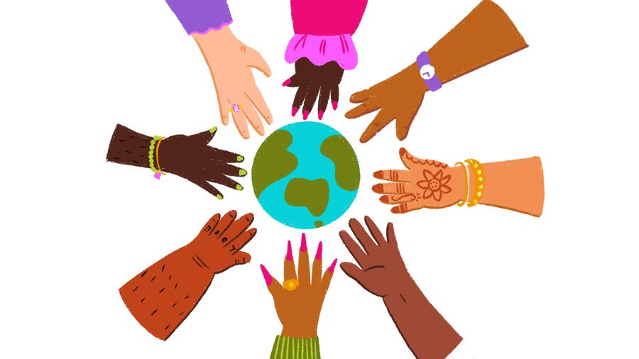 A vibrant illustration of hands out flat around a globe. 