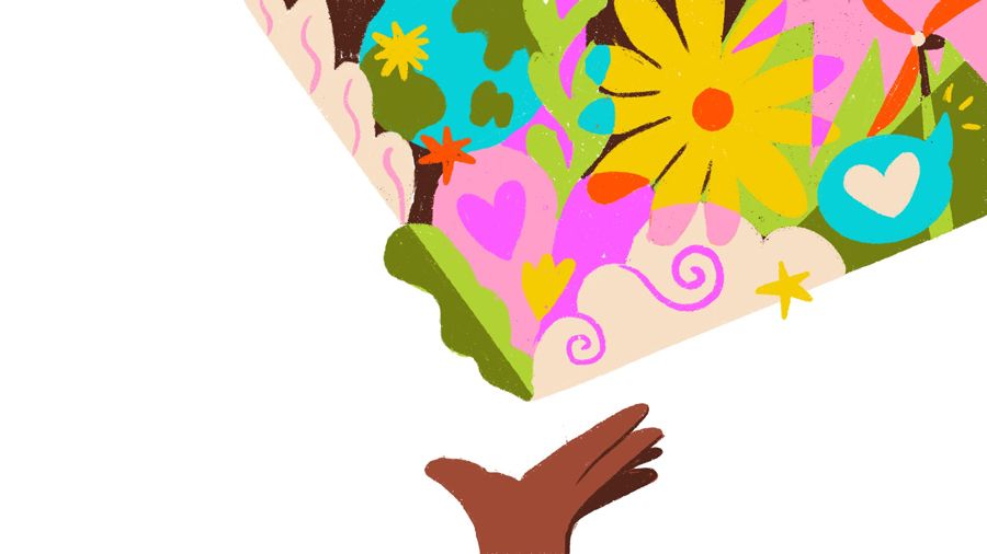 A vibrant pink, green, yellow and teal illustration of a dark brown hand holding open a symbolic kaleidoscope of hopeful visions. The light ray / kaleidoscope is full of flowers, leaves, stars and love hearts surrounding the earth. 