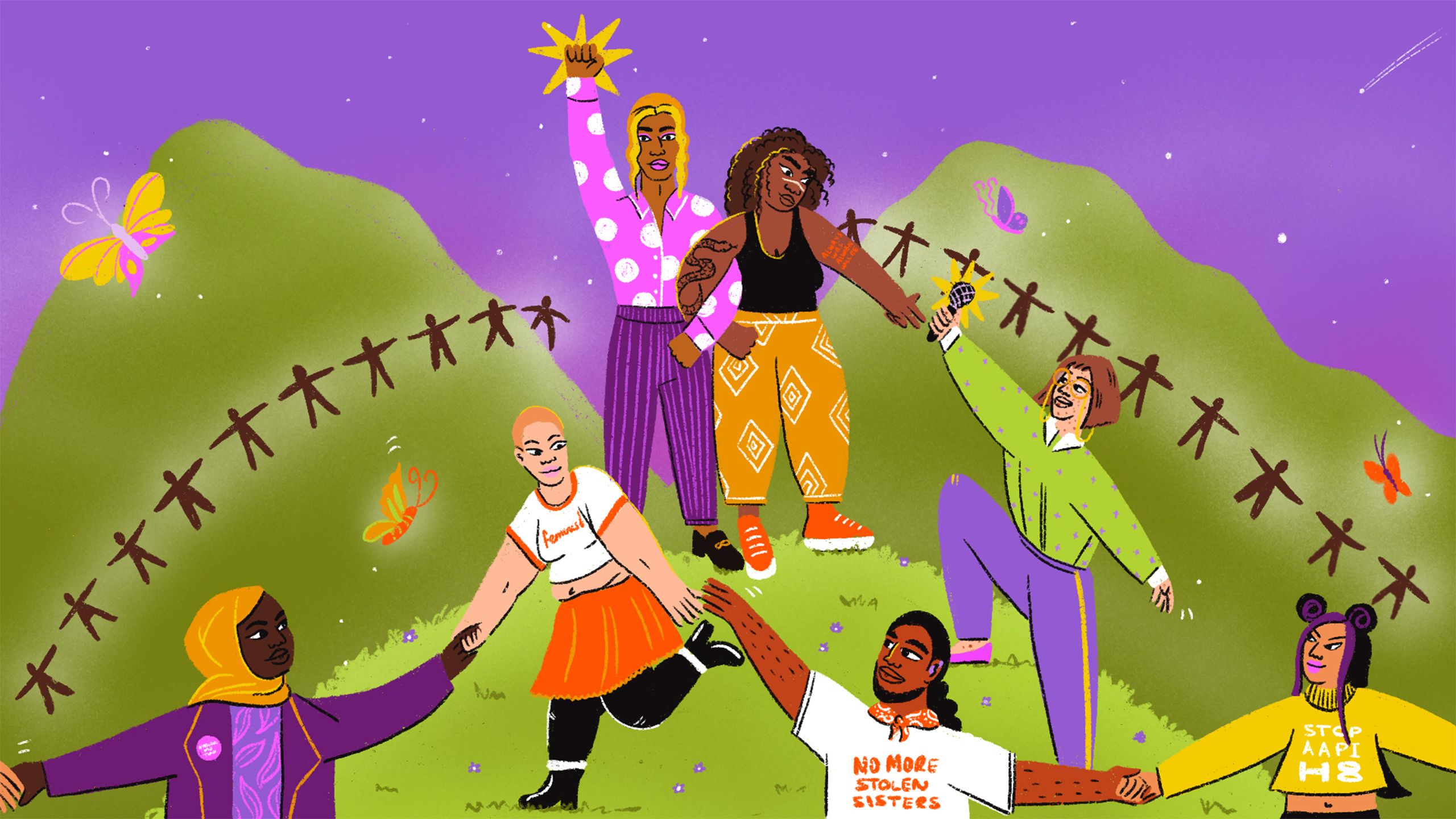 A triumphant scene of people celebrating and working towards racial justice. The scene is in nature, green rolling hills and a bright purple sky. White women are passing the mic and stepping back, to uplift and centre First nations women, Trans women and people from feminist movements all over the world. All around the scene people are joining hands. 