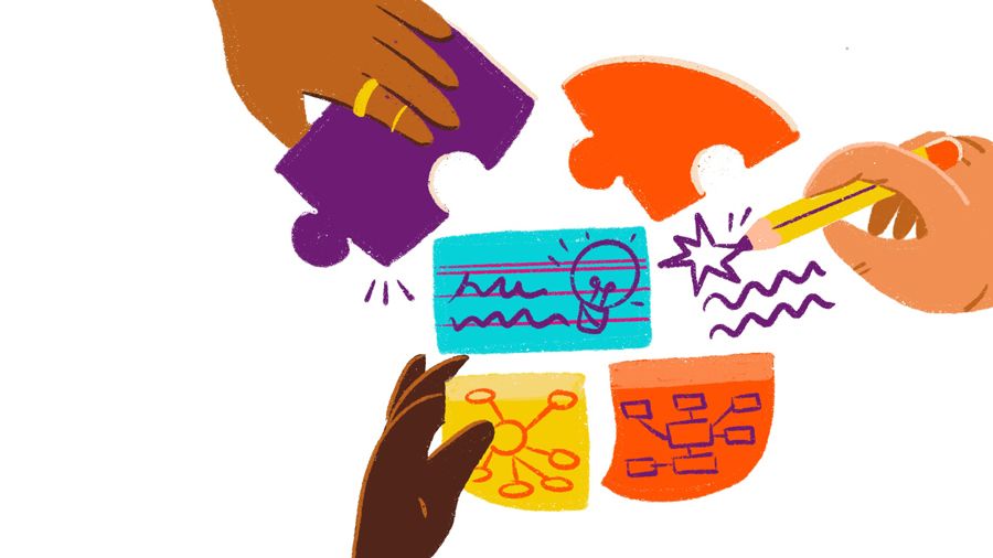 A vibrant purple, orange, yellow and blue illustration of different hands arranging puzzle pieces and post-it notes into a group. Another hand is writing and jotting notes. 