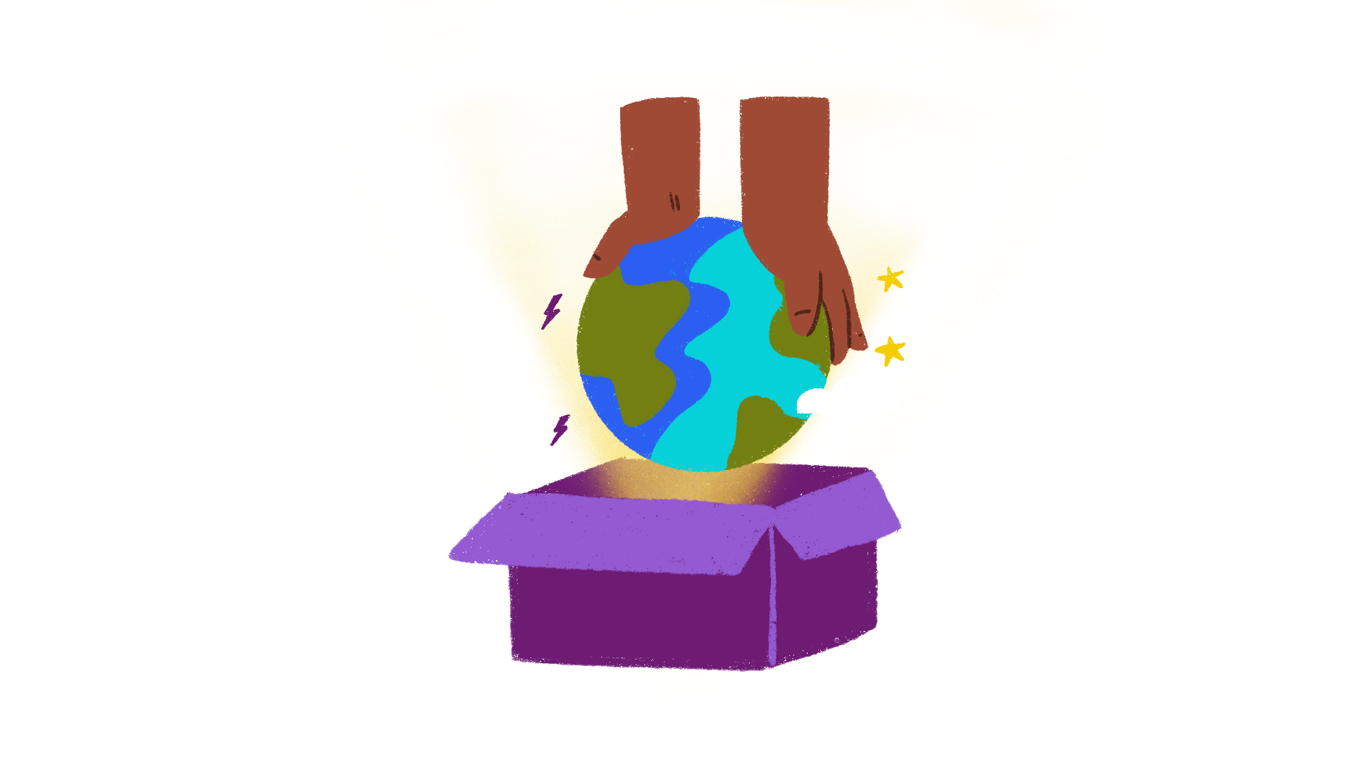 A symbolic image of the world being gently pulled out of a box, the world is changing colour symbolising a massive shift