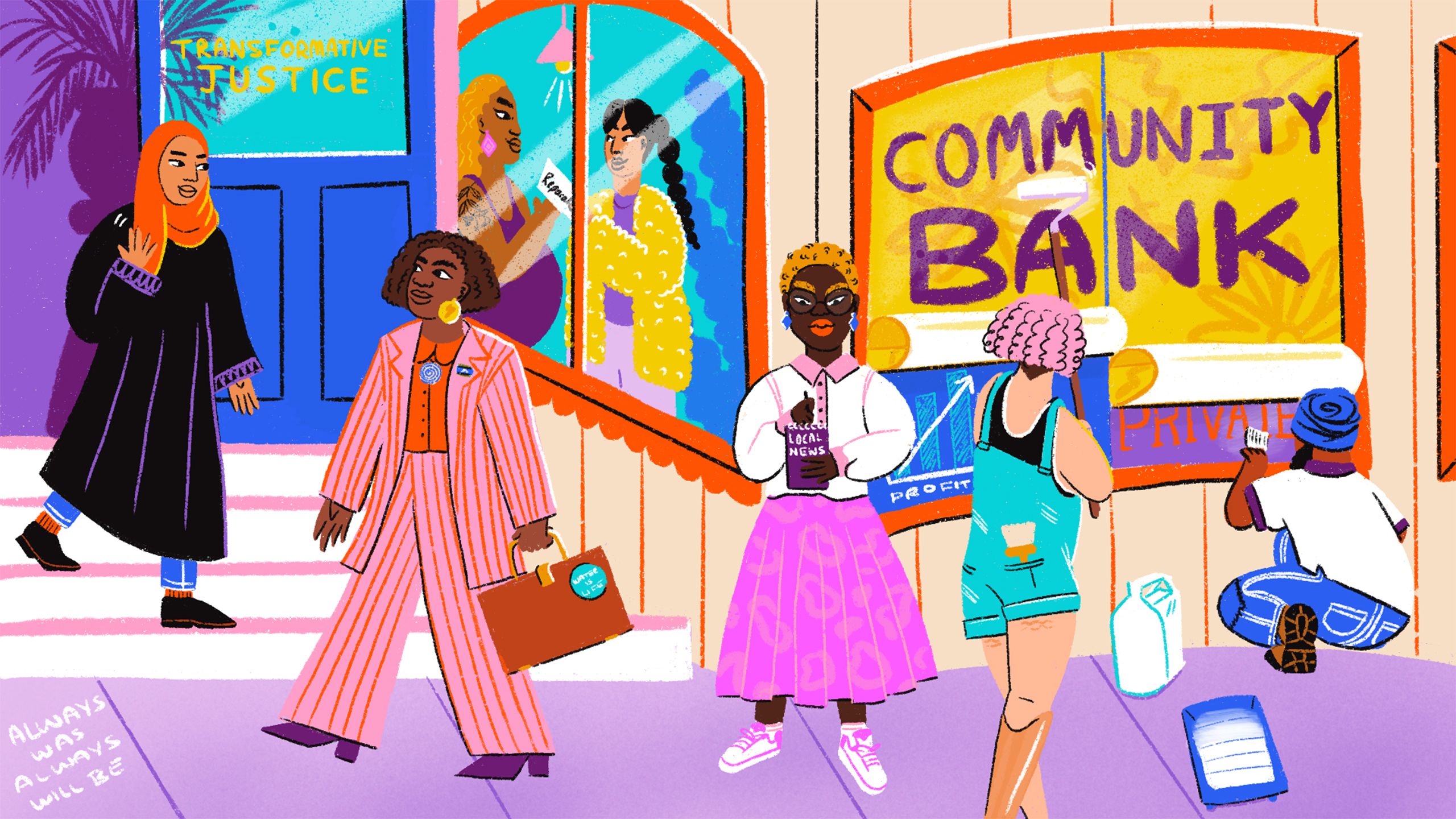 A brightly coloured yellow, blue and orange street scene of diverse representation in institutions (media, justice, finance). People are walking into a Transformative Justice Centre, and covering corporate profit signs with a 'community bank' poster. Inside the bank a woman is handing a 'reparations' cheque to a First Nations woman.