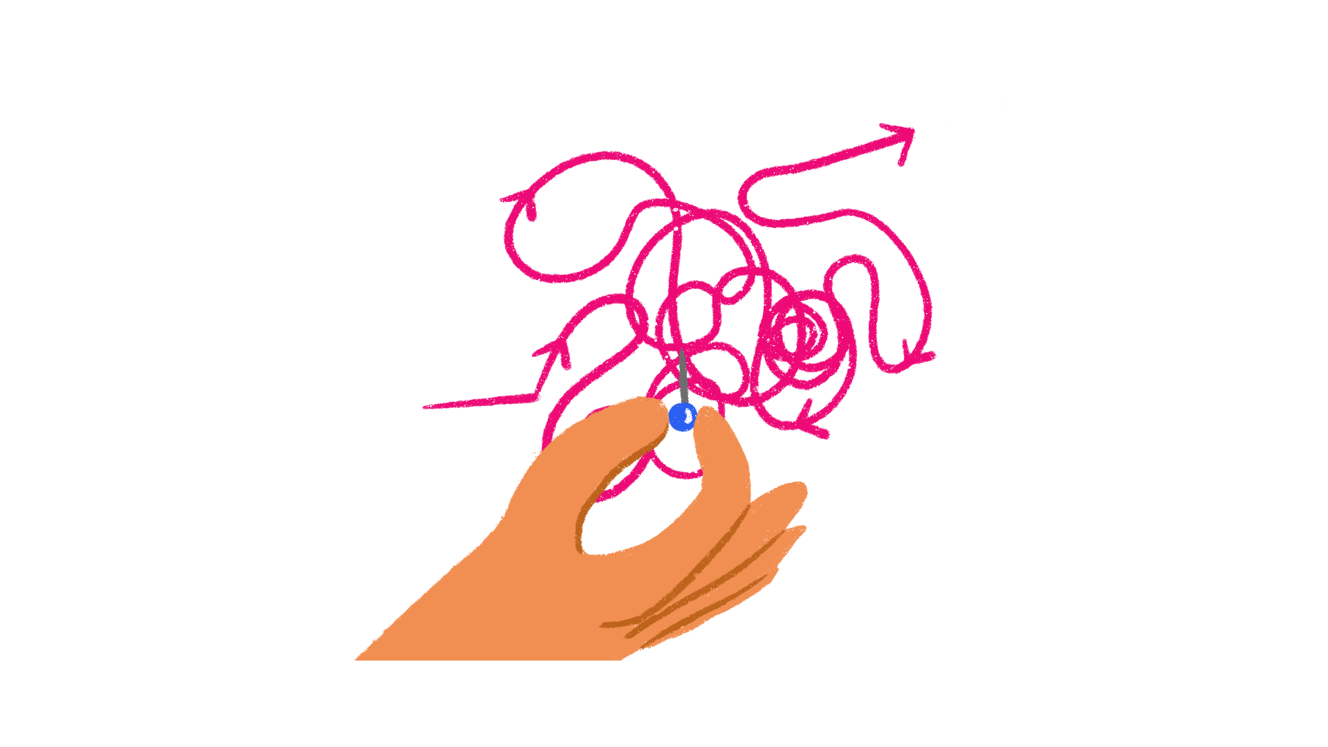 A symbolic illustration of change isn't linear. A tan hand is placing a pin on a point in a squiggly pink line