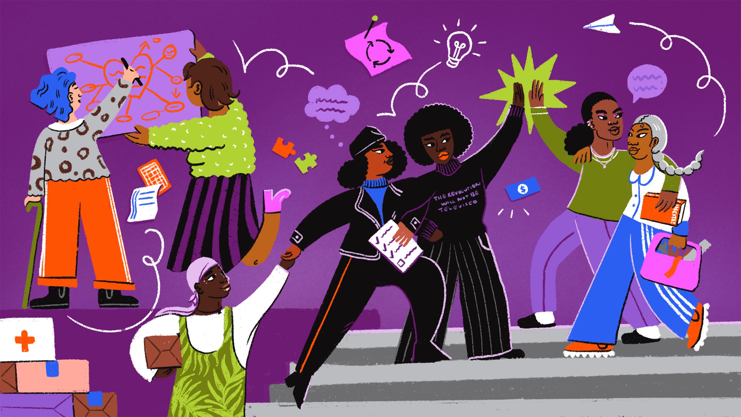 A dynamic and colourful illustration depicting feminist movements in the Global South have the resources, solidarity and strength in diversity to self-determine their priorities and actions. Decision makers and institutions put wellbeing at the centre of their frameworks. Global North organisations work collaboratively, in solidarity with Global South feminist actors as co-conspirators in the fight. 