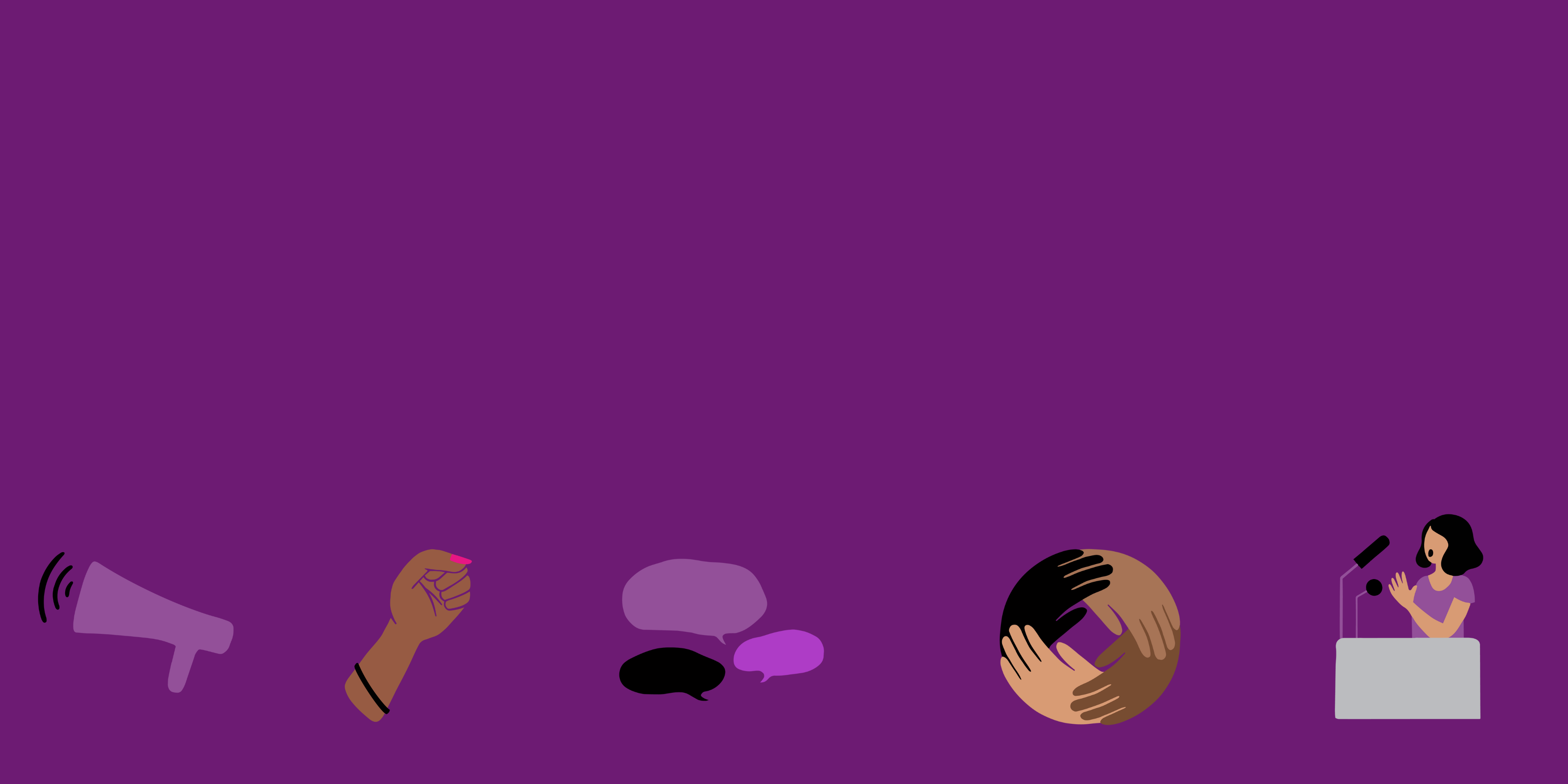 Icons of a megaphone, a raised fist, speech bubbles, interlinked hands and a woman speaking at a podium.